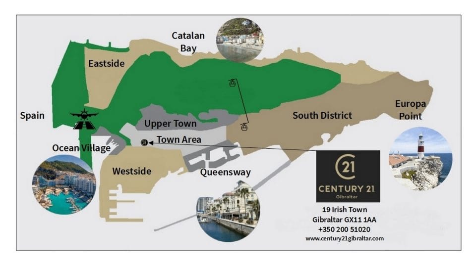 Gibraltar Map with its 7 Districts Illustrated map of Gibraltar showing key residential areas including Ocean Village, Westside, Queensway, Town Area, Upper Town, South District, Catalan Bay, Eastside and Europa Point, with la
