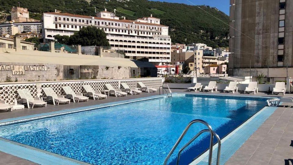 Ocean Heights Swimming Pool Gibraltar Outdoor swimming pool at Ocean Heights residential development in Gibraltar, a popular location for short-term lets and rental accommodation.