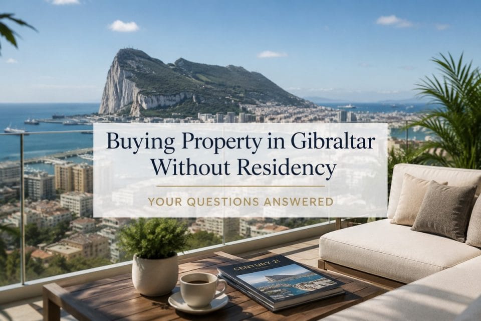 Buying Property in Gibraltar Without Residency – Mediterranean Apartment View Luxury apartment terrace overlooking Gibraltar, illustrating buying property in Gibraltar without residency for overseas buyers.